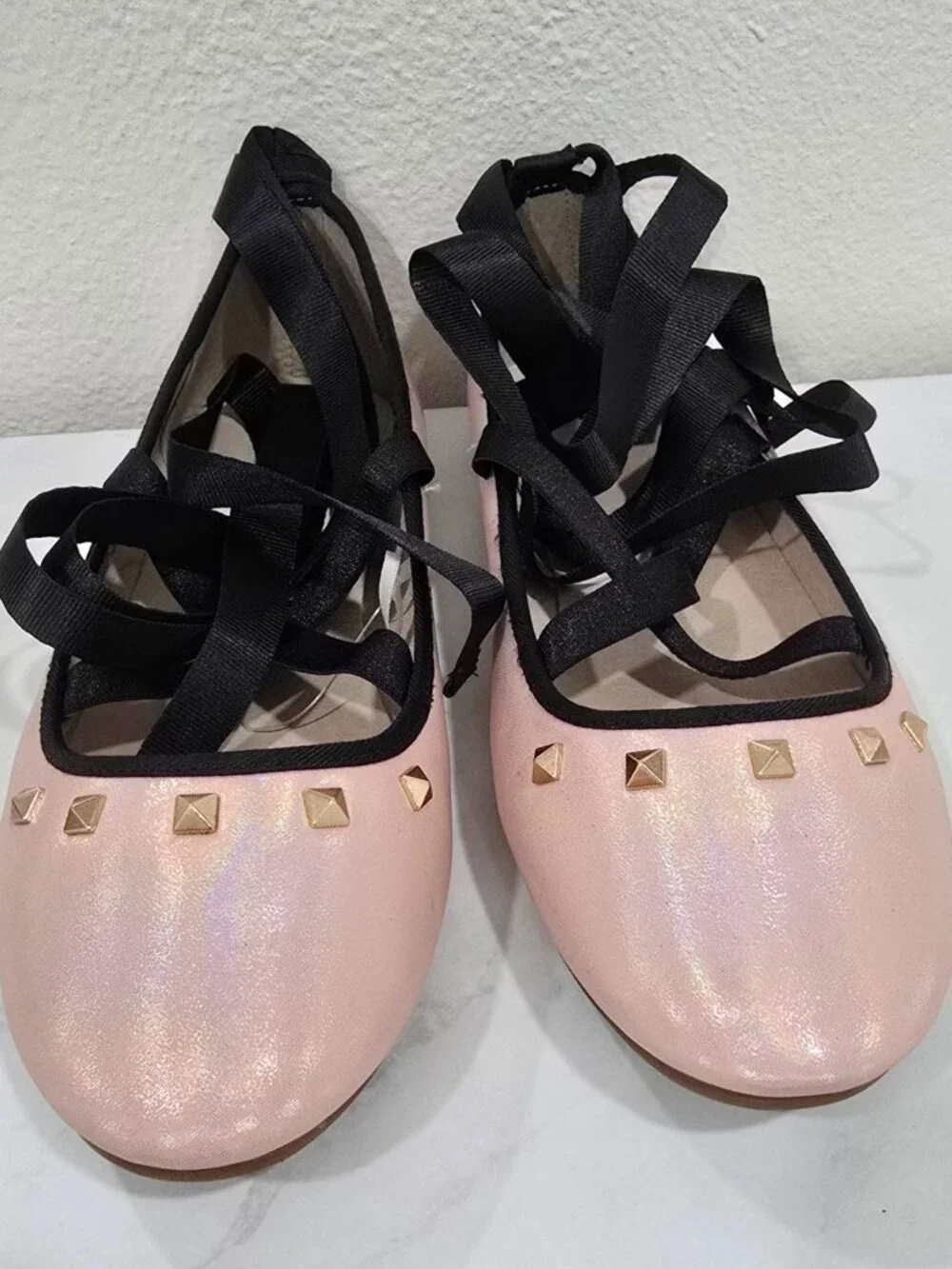 The Children’s Place ✦ Metallic Rose Ballet Flats ✦ Gold Studs Wraparound Ribbon